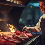 Professional chef grilling meat on a flaming grill