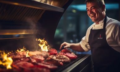 Professional chef grilling meat on a flaming grill