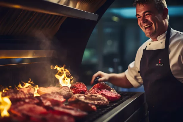 Professional chef grilling meat on a flaming grill