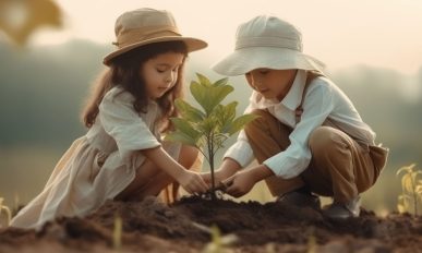 Two children planting a tree