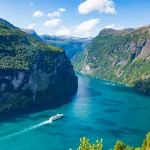 Fjord Geirangerfjord with cruise ship, Norway.