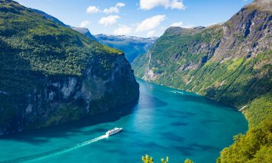 Fjord Geirangerfjord with cruise ship, Norway.