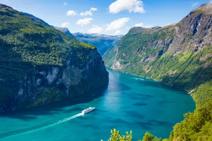 Fjord Geirangerfjord with cruise ship, Norway.