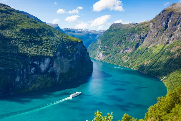 Fjord Geirangerfjord with cruise ship, Norway.