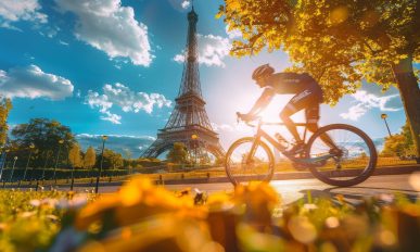 Cyclist in the park and the Eiffel Tower