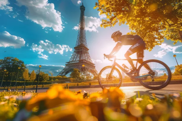 Cyclist in the park and the Eiffel Tower